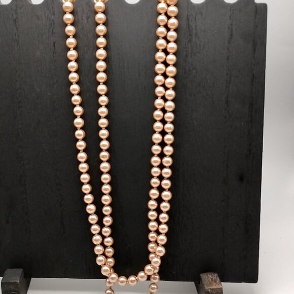 Vintage Long Champagne Faux Pearl Necklace Heavy Hand Knotted Single Strand Bead - Picture 10 of 16